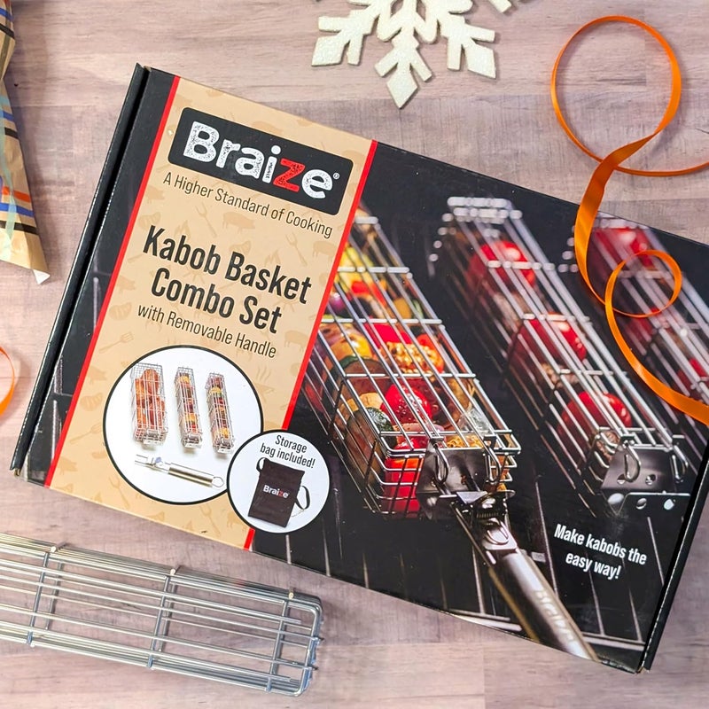 Braize Large Kabob Grilling Basket with Removable Handle. Stainless Steel construction with a Larger Capacity (12 x 2 x 2) and secure easy latch lid. (3-Piece Set – Bag & Sponges Included) - Image 3